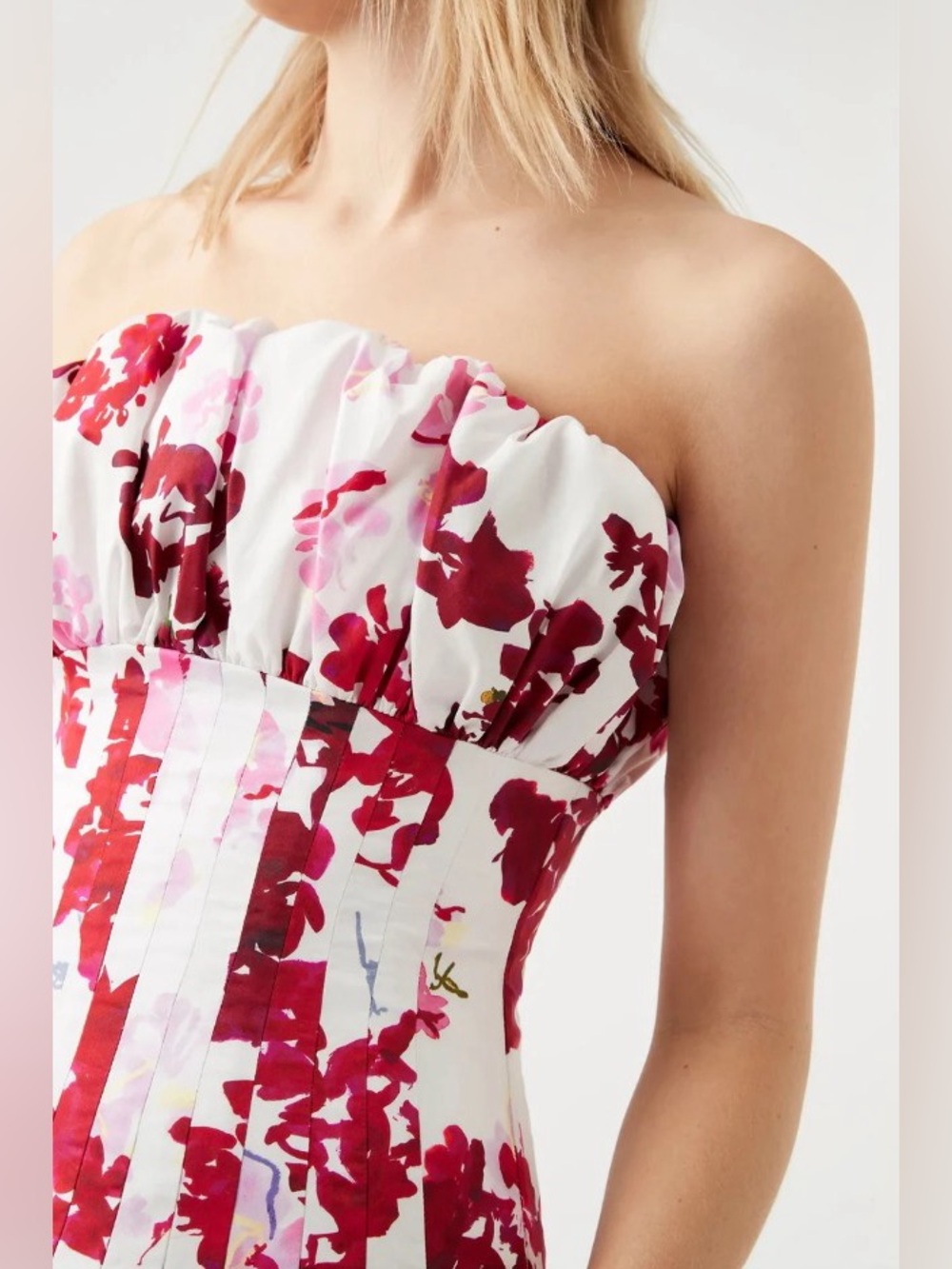 Aje Mathilda Pink FloralPrinted White Panel Bubble Hem Strapless Dress AU10/US6 - Picture 4 of 10